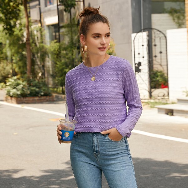 

Round Neck Solid Sweater, Lilac purple