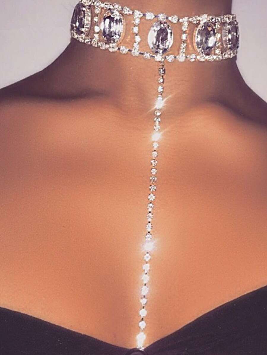 Rhinestone Inlaid Choker - Silver - View 1