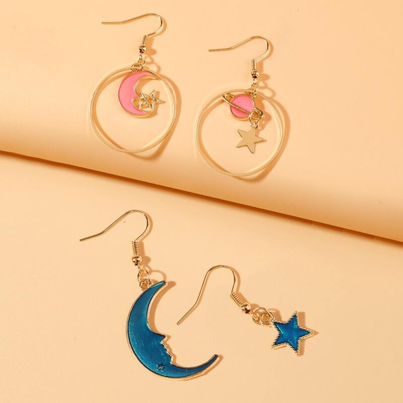 

2pairs Star & Moon Drop Earrings, Multicolor
