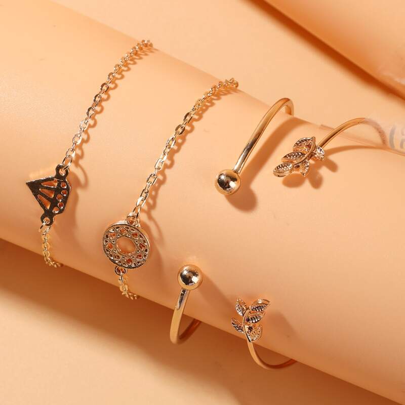 

4pcs Leaf & Geo Bracelet, Gold