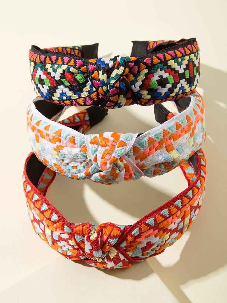 3pcs/Set Retro Style Headband With Middle Knot And Wide Brim, Embroidered Fluorescent Plaid Hair Hoop Boho,Hairband,Hair Hoop Headbands Beauty Home Hair Accessories