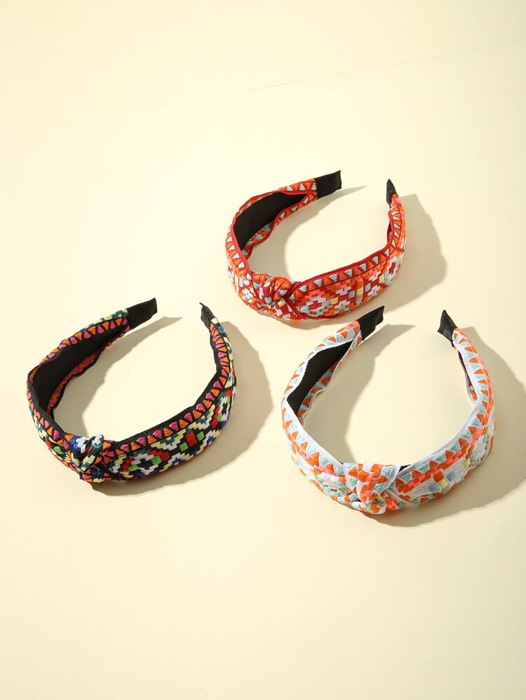 3pcs/Set Retro Style Headband With Middle Knot And Wide Brim, Embroidered Fluorescent Plaid Hair Hoop Boho,Hairband,Hair Hoop Headbands Beauty Home Hair Accessories