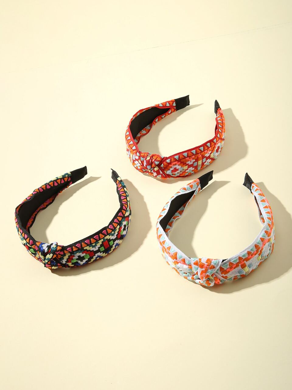 3pcs/Set Retro Style Headband With Middle Knot And Wide Brim, Embroidered Fluorescent Plaid Hair Hoop Boho,Hairband,Hair Hoop Headbands Beauty Home Hair Accessories