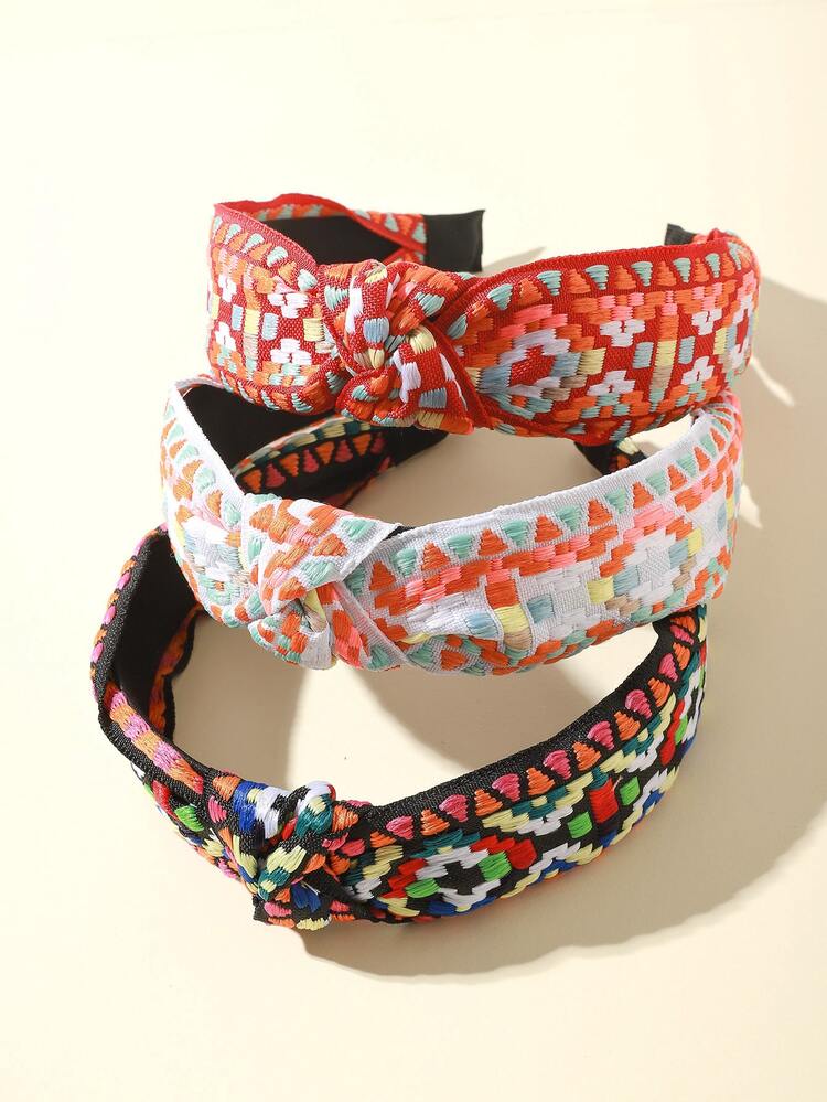 3pcs/Set Retro Style Headband With Middle Knot And Wide Brim, Embroidered Fluorescent Plaid Hair Hoop Boho,Hairband,Hair Hoop Headbands Beauty Home Hair Accessories