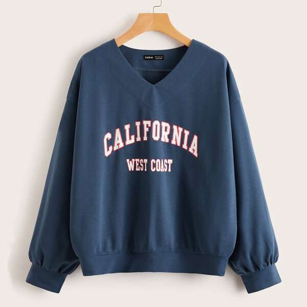 

Drop Shoulder Slogan Graphic Pullover, Navy blue
