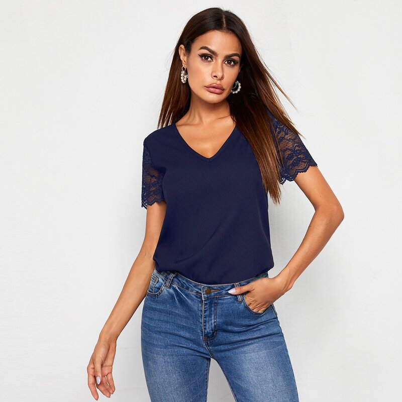 

Lace Sleeve Solid Top, Navy blue