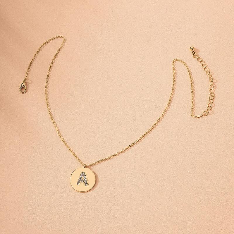 

Rhinestone Letter Round Charm Necklace, Gold