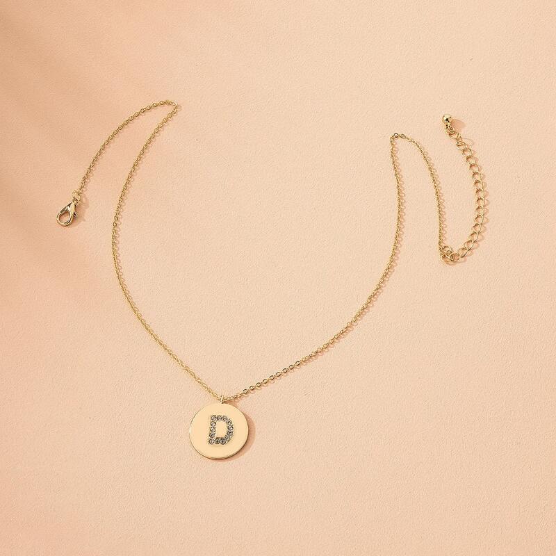 

Rhinestone Letter Round Charm Necklace, Gold
