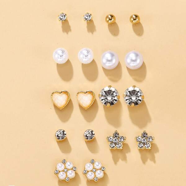 

9pairs Faux Pearl Heart Earrings Set, Multicolor