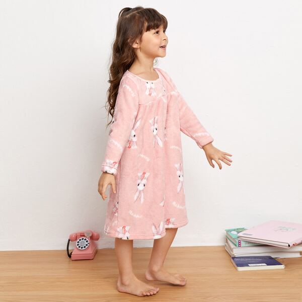 

Toddler Girls Flannel Rabbit Print Nightdress, Baby pink