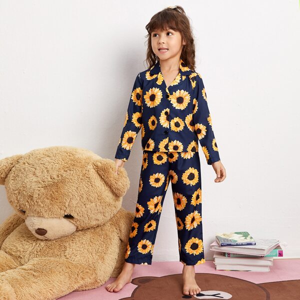 

Toddler Girls Lapel Sunflower Print PJ Set, Multicolor