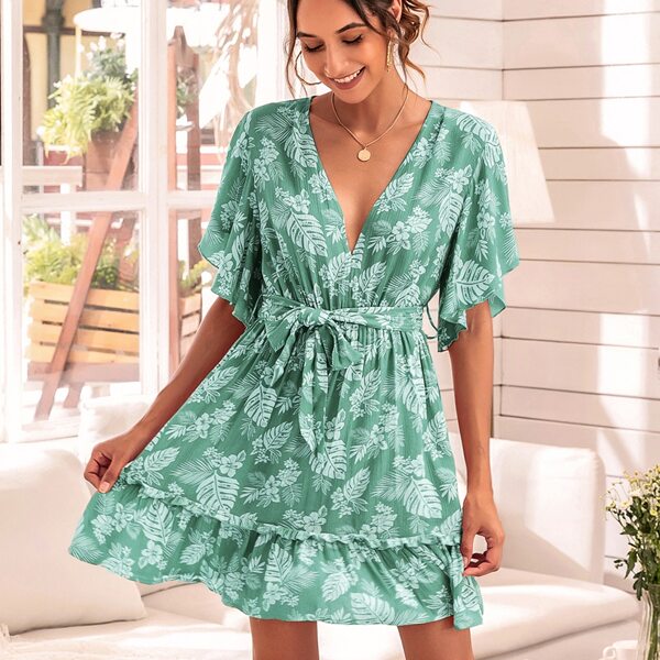 

Flutter Sleeve Tropical Print Belted Dress, Green