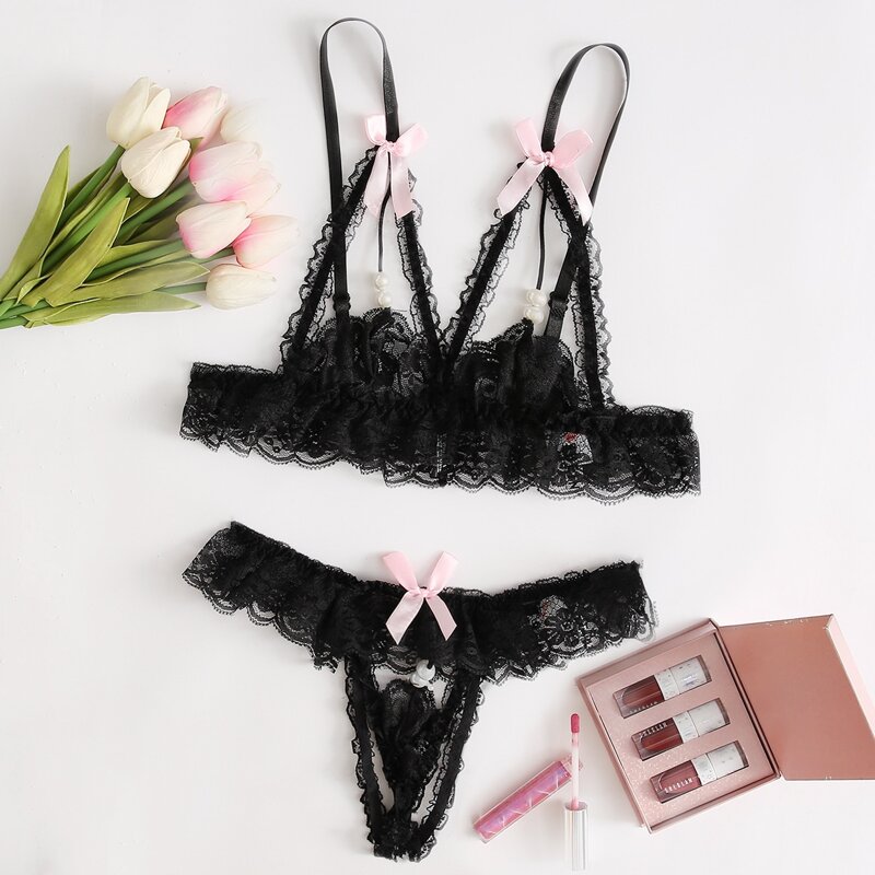 

Floral Lace Bow Decor Lingerie Set, Black