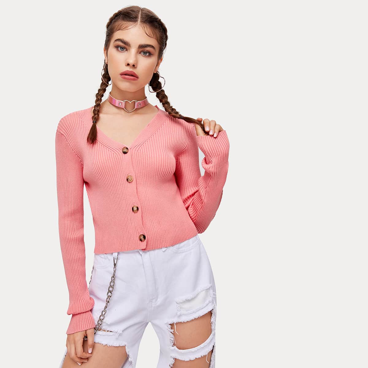 

Button Front Knit Cardigan, Coral pink