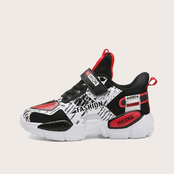 

Boys Letter Graphic Velcro Strap Sneakers, Black and white