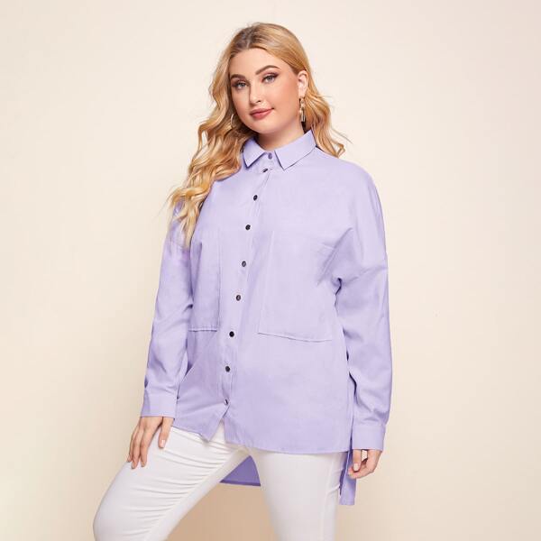 

Plus Patch Pocket High Low Hem Blouse, Pastel lilac purple