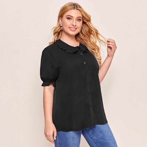 

Plus Frill Trim Peter Pan Collar Blouse, Black