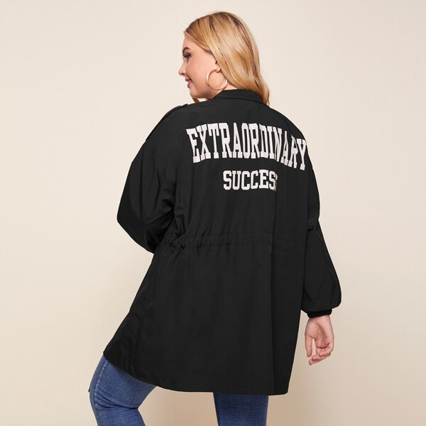 

Plus Flap Pocket Letter Graphic Back Hooded Coat, Black