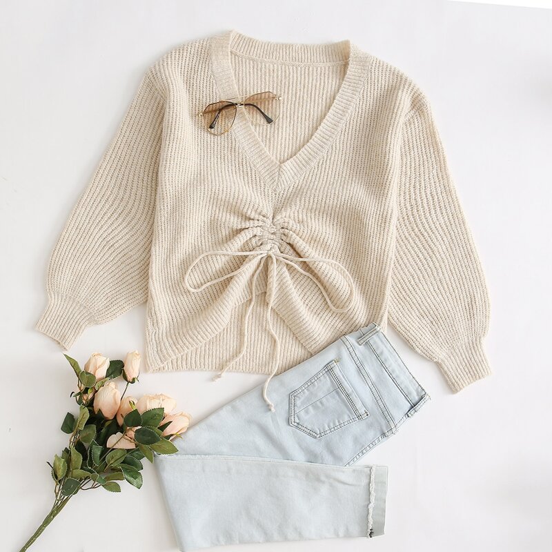 

Drawstring Ruched Solid Sweater, Beige