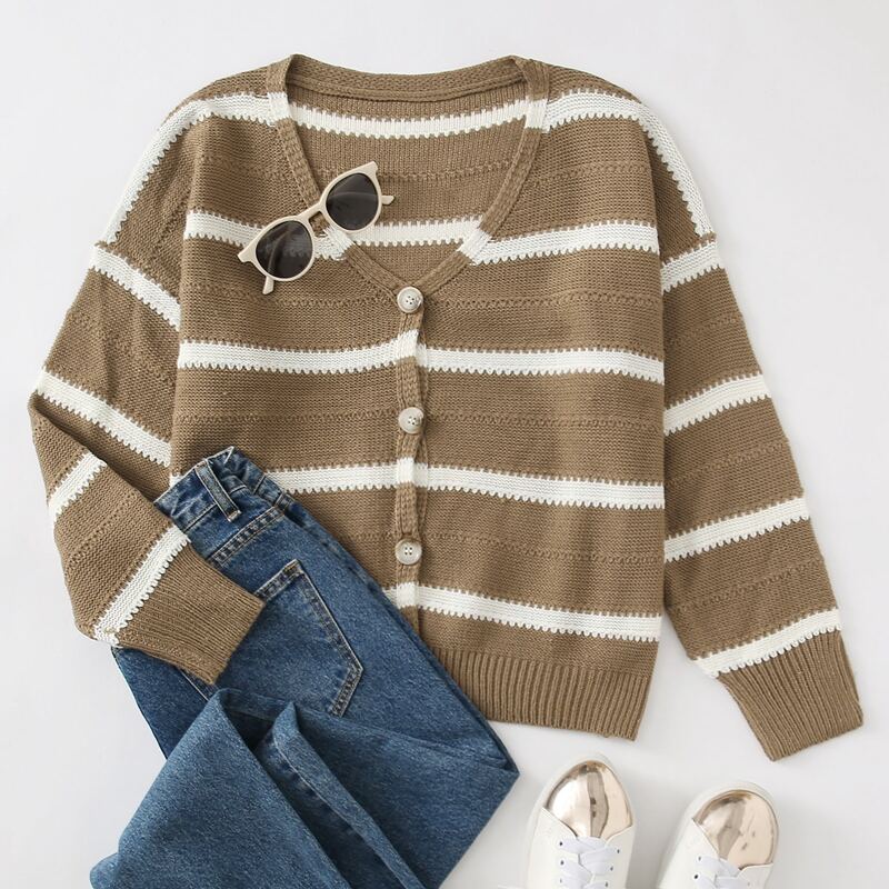 

Drop Shoulder Striped Cardigan, Khaki