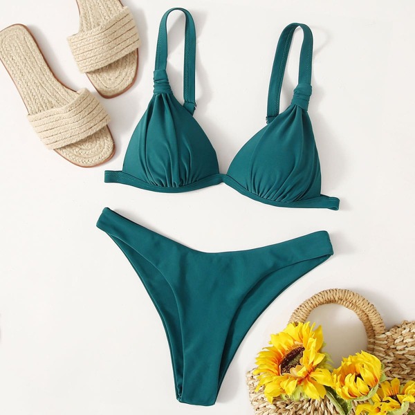 

Knot Detail Triangle Bikini Swimsuit, Teal blue