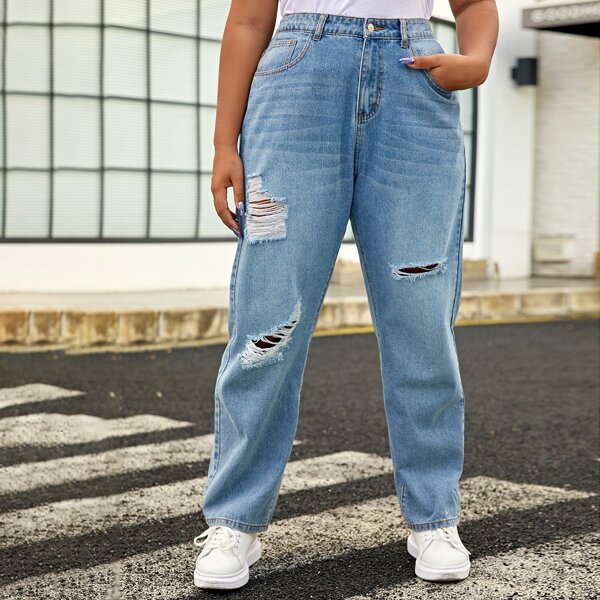 

Plus Slant Pocket Ripped Jeans, Light wash
