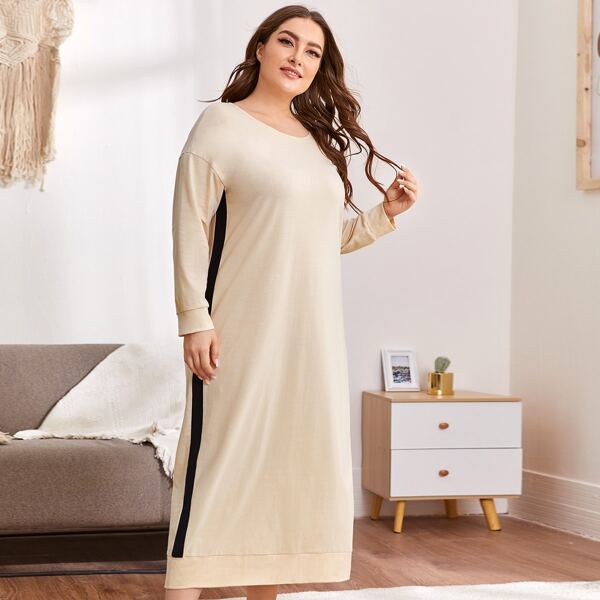 

Plus Contrast Panel Night Dress, Beige