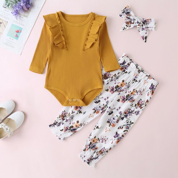 

Baby Girl Frill Trim Bodysuit & Floral Print Pants & Headband, Multicolor