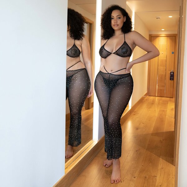 

Plus Rhinestone Studded Mesh Lingerie Set, Black
