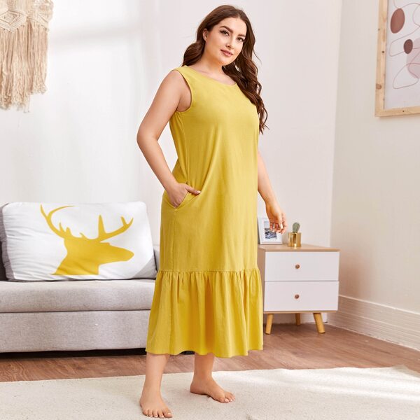 

Plus Solid Flounce Hem Night Dress, Yellow
