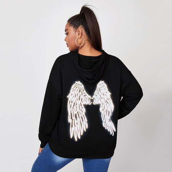 

Plus Wing Drawstring Drop Shoulder Hoodie, Black