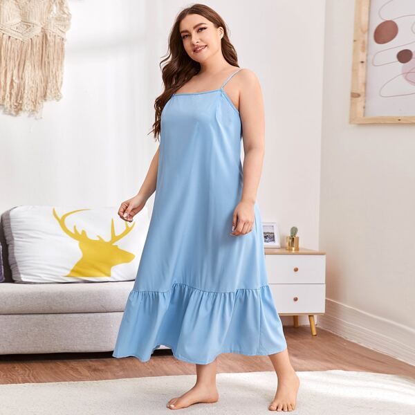 

Plus Solid Flounce Hem Strappy Night Dress, Baby blue