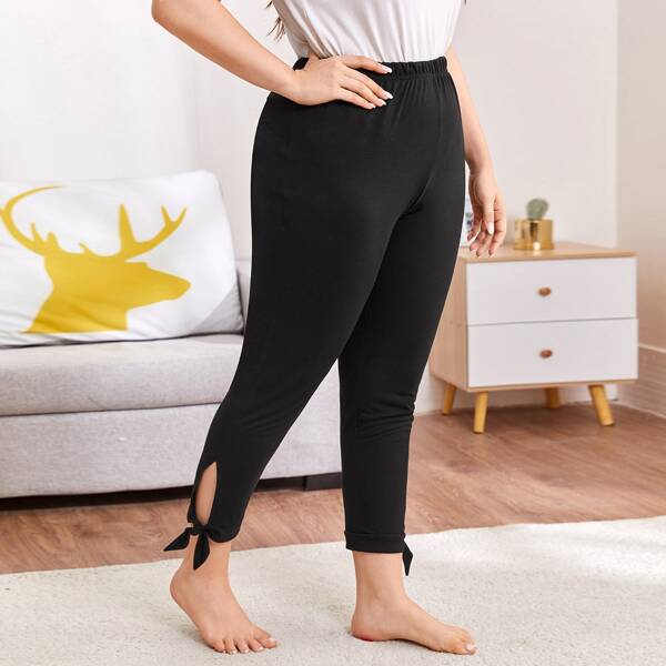 

Plus Solid Knotted Hem Sleep Pants, Black