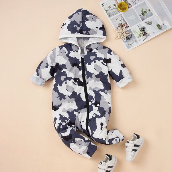 

Baby Boy Camo Print Zipper Front Hooded Jumpsuit, Multicolor