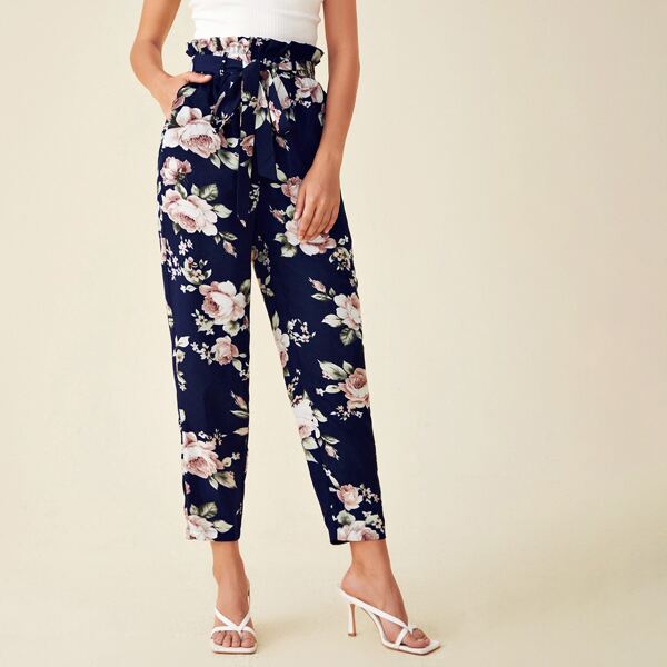 

Floral Print Belted Paperbag Pants, Navy blue