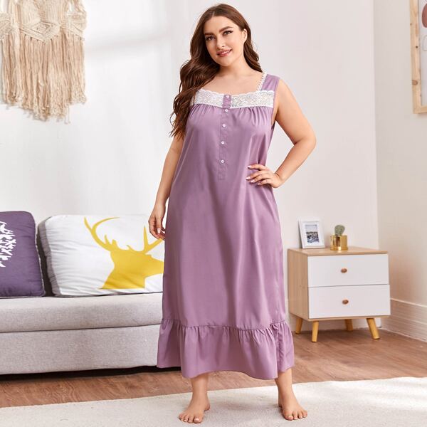 

Plus Contrast Lace Flounce Hem Night Dress, Lilac purple