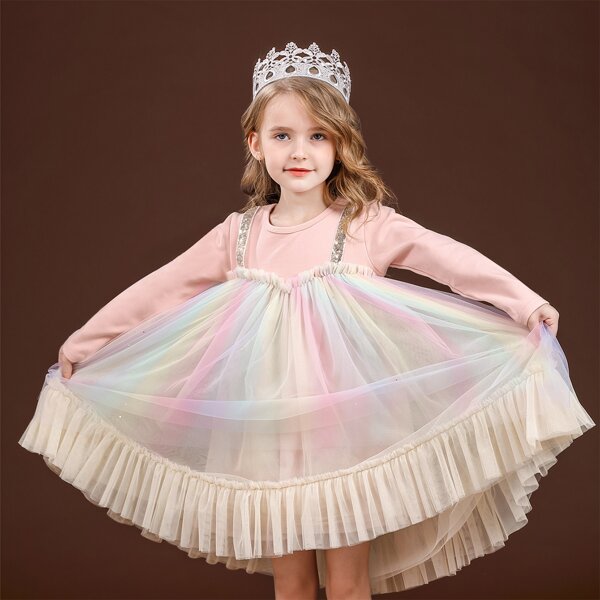 

Toddler Girls Color-Block Mesh Panel Contrast Sequin Smock Dress, Multicolor