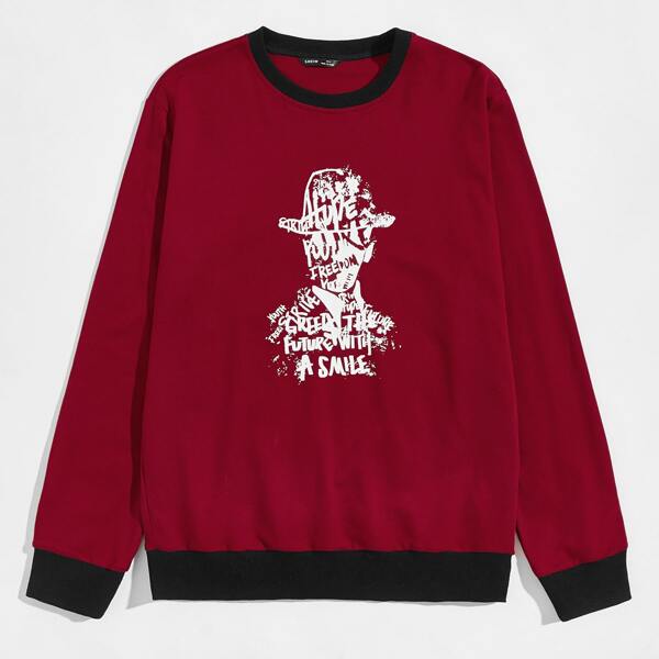 

Men Contrast Trim Figure Graphic Pullover, Burgundy