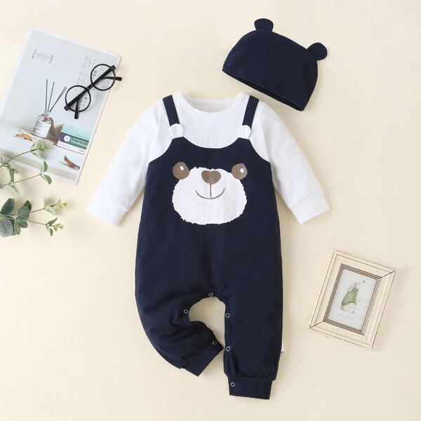 

Baby Boy 2 In 1 Cartoon Bear Graphic Jumpsuit & Hat, Navy blue