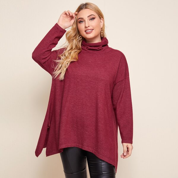 

Plus Funnel Neck Drop Shoulder Sweater, Rose red