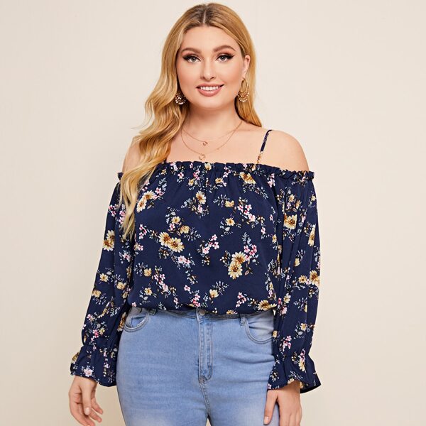 

Plus Floral Cold Shoulder Flounce Sleeve Blouse, Navy blue