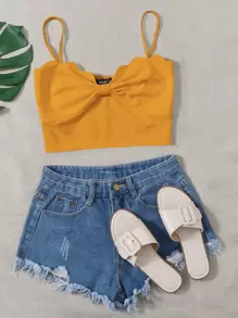 Soleia 抽褶細節貝殼邊短版吊帶上衣 - 芥末黃 - 查看 1