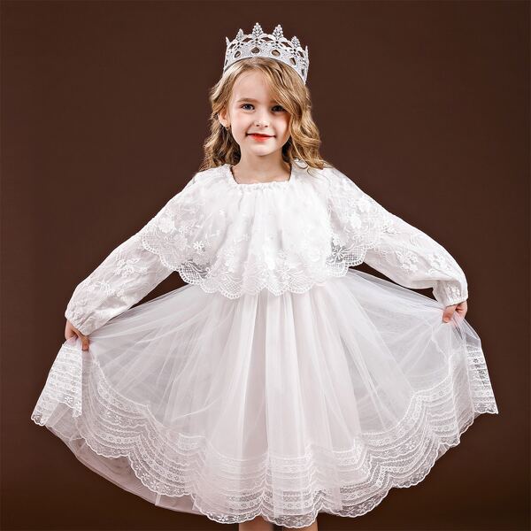 

Toddler Girls Contrast Lace Scallop Tutu Dress, White