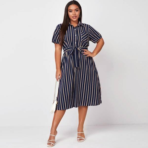 

Plus Striped Belted Button Through Shirt Dress, Navy blue