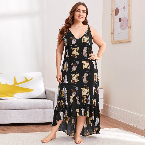 

Plus Clothes Print Strappy Ruffle Hem Night Dress, Black