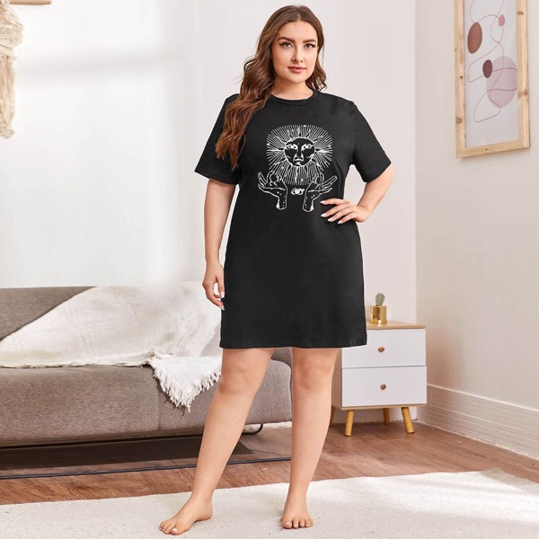

Plus Sun And Hands Print Night Dress, Black