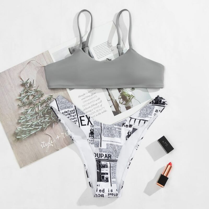 

Newspaper Print High Cut Bikini Swimsuit, Multicolor