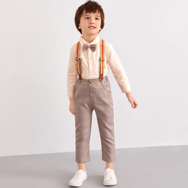 

Toddler Boy Bow Neck Shirt & Plaid Suspender Pants, Multicolor