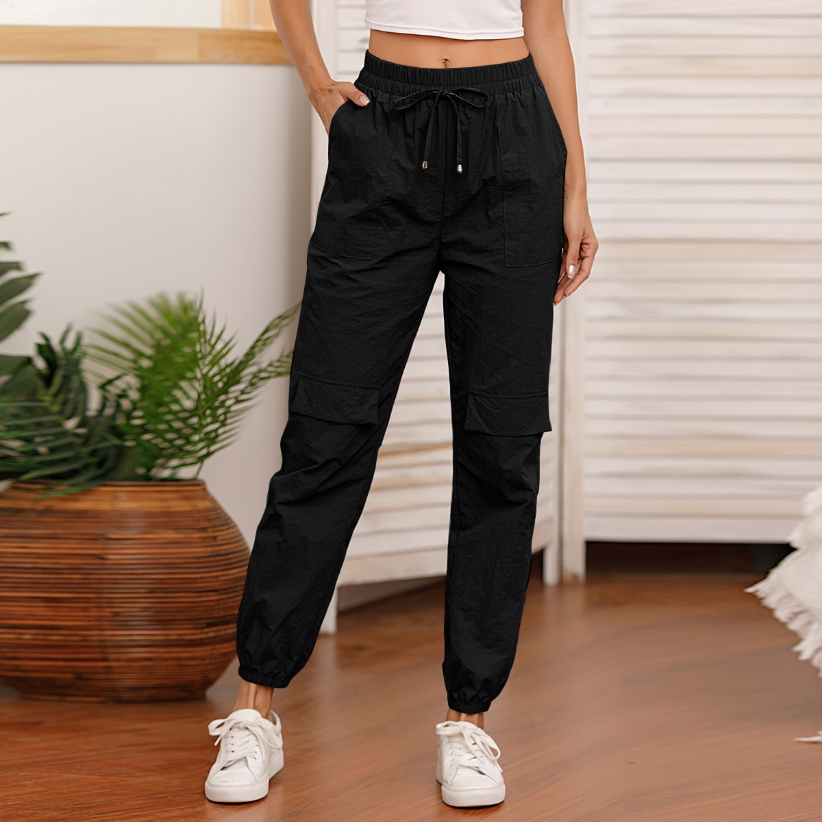 Image of Drawstring Waist Flap Pocket Cargo Trousers