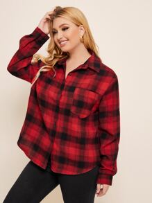 SHEIN LUNE Camisa con botón con bolsillo delantero de cuadros - Rojo - Ver 1